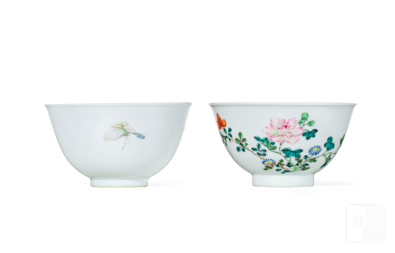清乾隆 粉彩折枝花卉纹茶圆一对